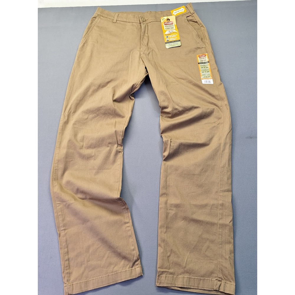 Wrangler Advanced Comfort Mens Khaki Pants 34x34 Straight Fit Tan 67ST4BZ NEW